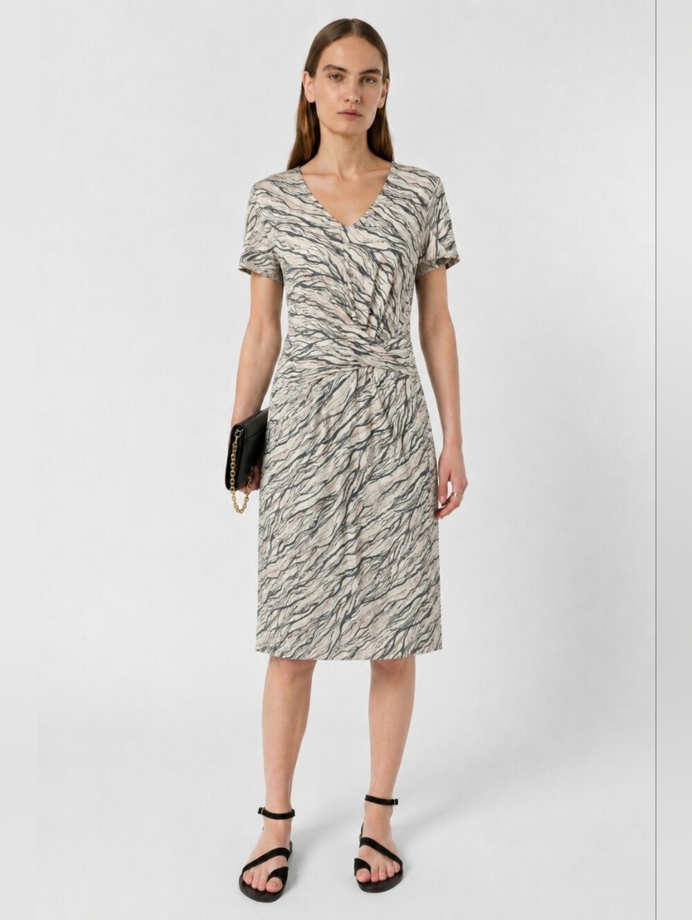Gerard Darel Beige Silk Midi Dress with Black Animal Print Size 1 Xs